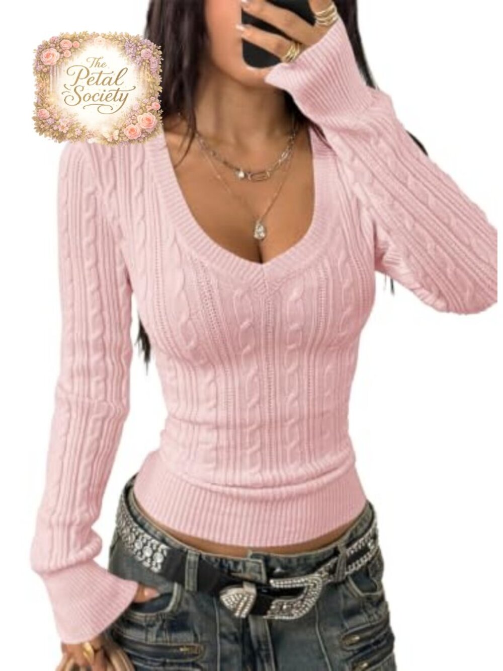 Womens V Neck Cable Knit Sweater Fitted Long Sleeve Pullover Top